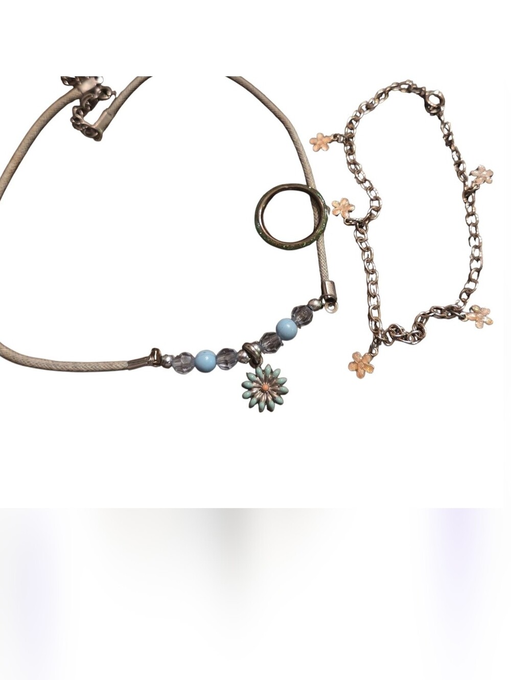 Vtg Floral Charm Blue Bead Necklace and Anklet Set